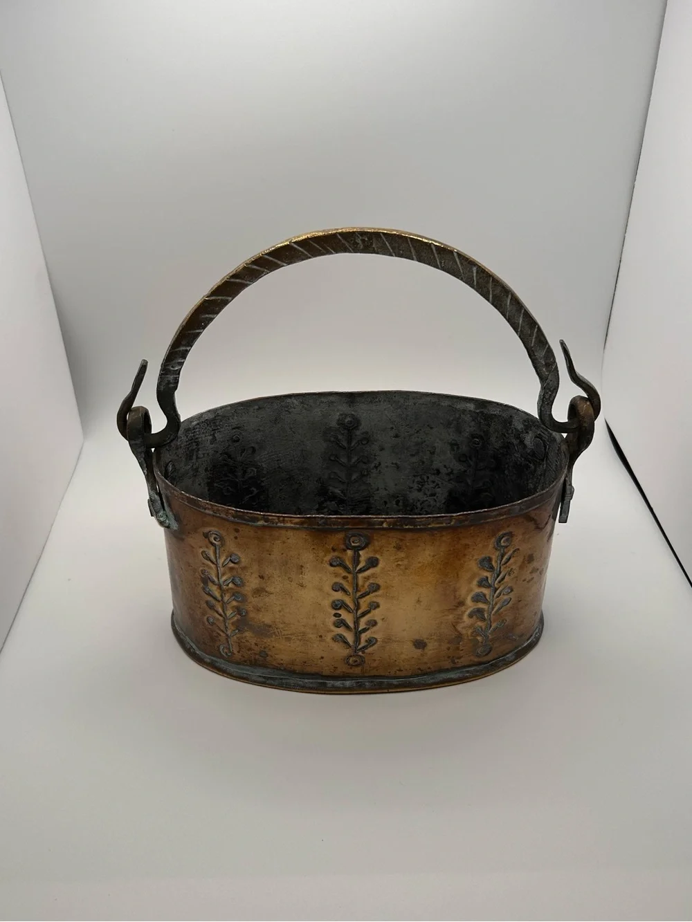 Vintage Brass Copper Handle Pot Engraved Beautiful Patina